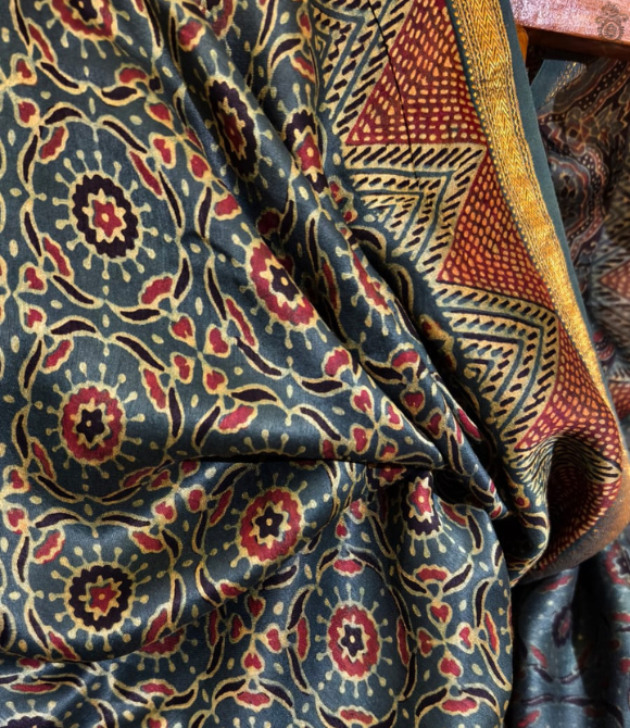 Maheshwari Silk Cotton Ajrakh Deep Green